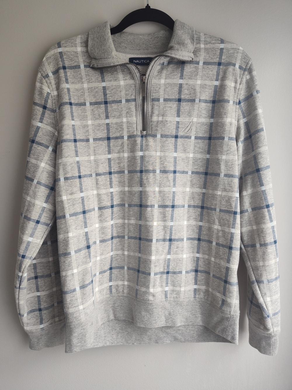 Nautica Men's Light Gray and Blue Plaid Quarter-Zip Pullover